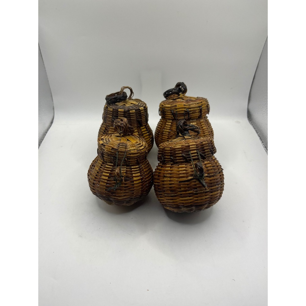 Set of 4 Mini‎ Woven Baskets Trinket Boxes Hinged Lidded